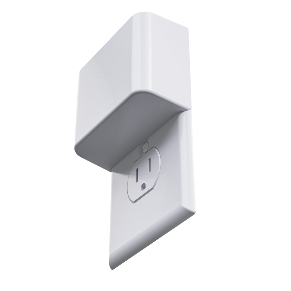 This image shows a floating, standalone view of the Permaplug Charger Lock. The device is displayed in isolation, with no visible attachments or surroundings, emphasizing its sleek and modern design. The charger lock cover is angled to highlight its protective and minimalistic shape, showcasing how it would fit over a standard wall outlet.