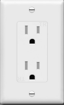 Photo of a Decora outlet: one rectangular face with cover screws at the top and bottom.