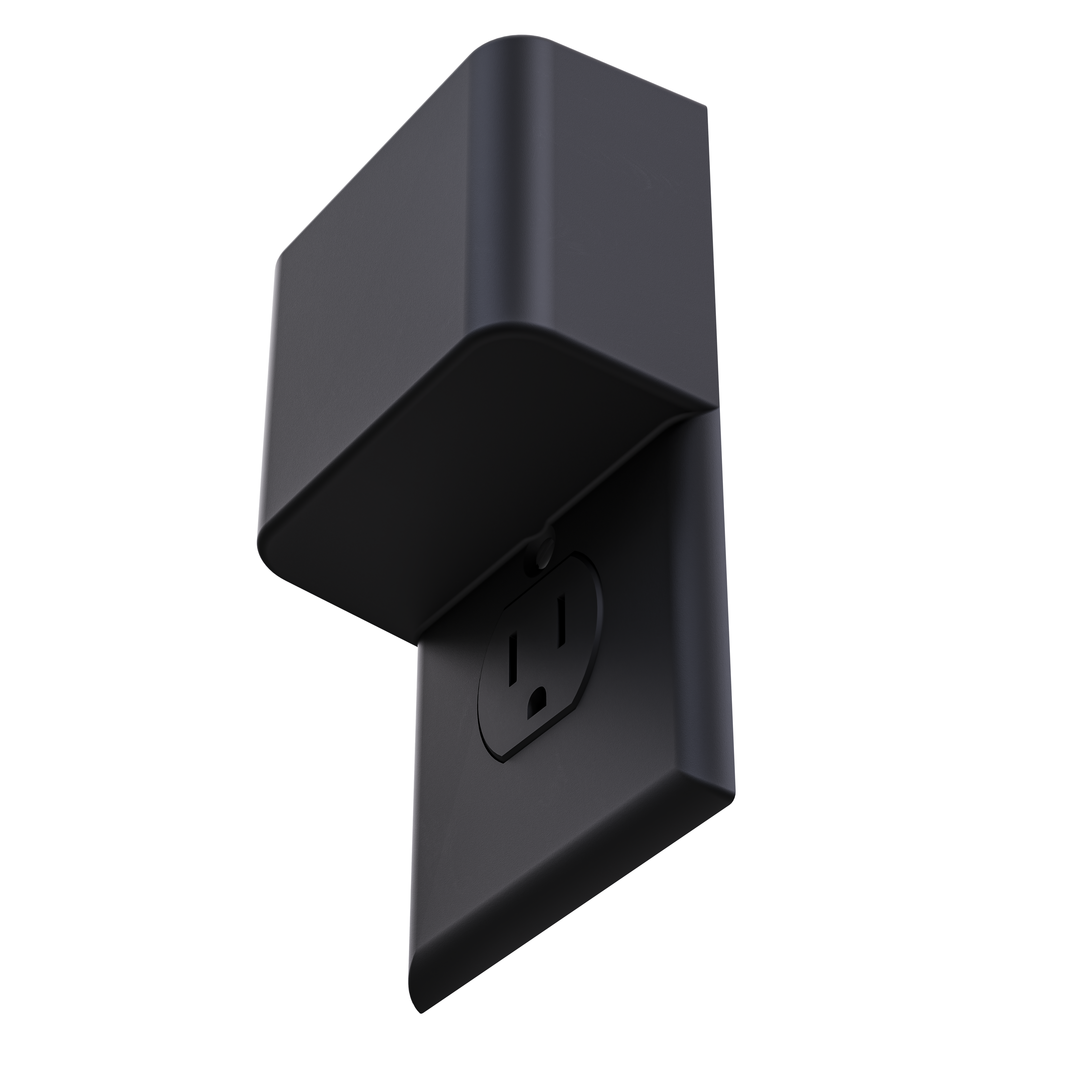 This image shows a close-up of the limited edition black Permaplug Charger Lock Standard model, designed for standard outlets. The central screw hole, which is typical of standard outlets, is visible on the faceplate. The charger lock has a sleek black matte finish, offering a modern and minimalist aesthetic. This model provides secure and organized cable management, blending seamlessly with the outlet for a clean, stylish look that suits contemporary spaces.