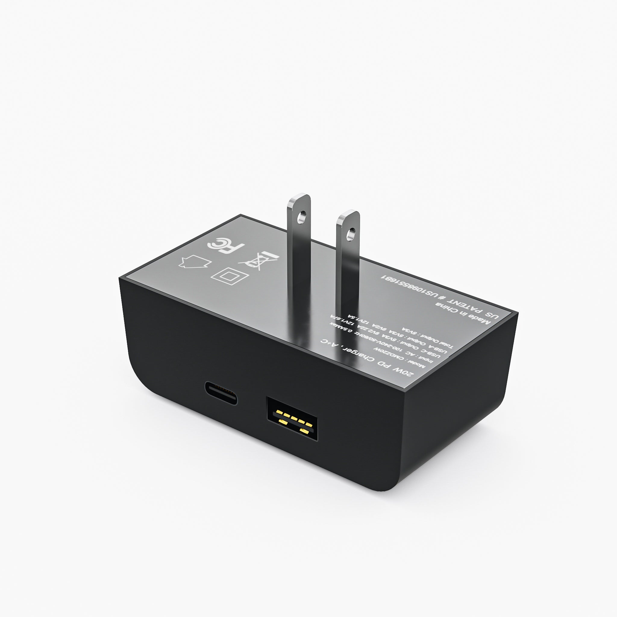 This image shows a close-up of the limited edition black Permaplug charger block, featuring dual charging ports: one USB-C and one USB-A. The sleek black charger block has foldable prongs for easy portability and is labeled with technical details such as power output and certification markings. This charger is designed for fast and efficient charging, providing a stylish and practical solution for modern devices, while perfectly complementing the limited edition black Permaplug Charger Lock.