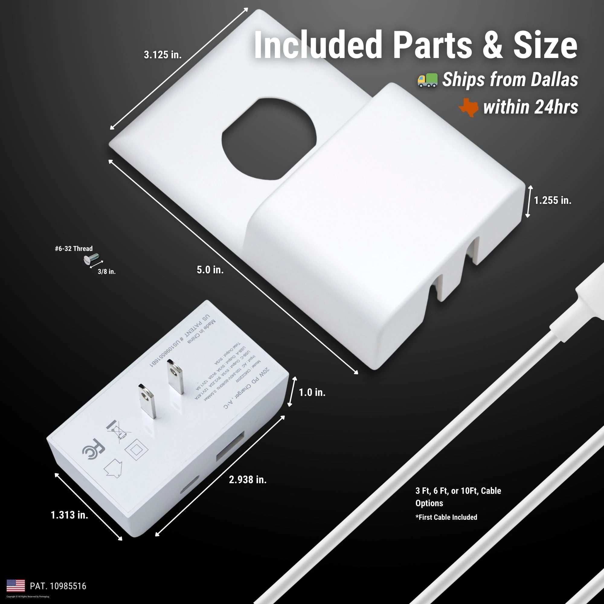 This image details the included parts and dimensions of the Permaplug Charger Lock system. It provides measurements for the charger lock cover (5 inches by 3.125 inches by 1.255 inches), the dual fast charger (2.938 inches by 1.313 inches by 1 inch), and the screw thread (#6-32 thread at 3/8 inch). It also highlights the available cable lengths (3 ft, 6 ft, and 10 ft), with the first cable included in the package. The image notes that the product ships from Dallas within 24 hours, and it carries a patent